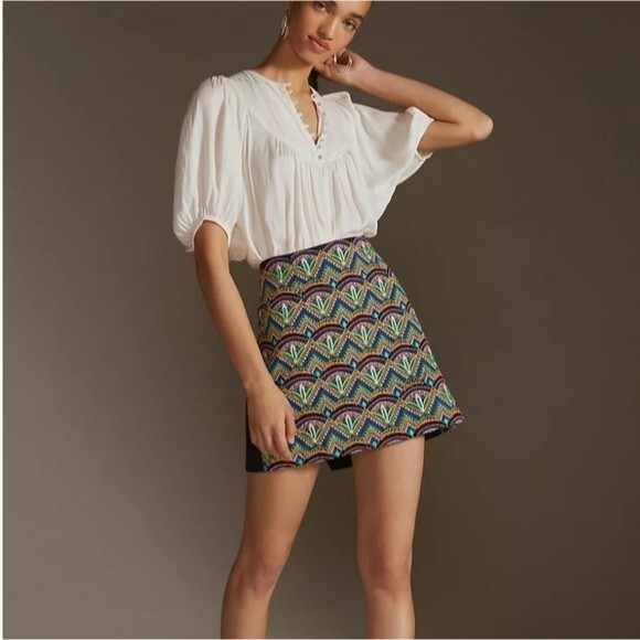 Anthropologie Ollari Deco Embroidered Beaded Cotton Mini Skirt - Picture 2 of 10